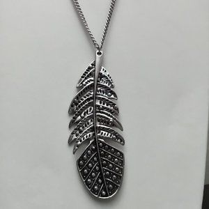 Large Silver Tone Feather Pendant and Long 34 Inch Chain with Extender